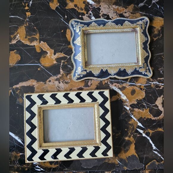 Set Of 2 Baroque Rocco Eclectic 4x6 Picture Frames Gold Black Cream - Picture 1 of 14